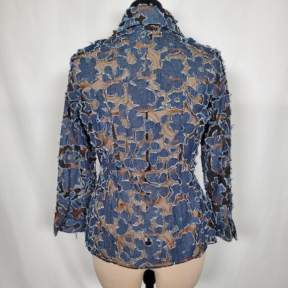 Mishca Women's Shirt Small Blue Denim Distressed Applique on Mesh Embroidered - Picture 4 of 12
